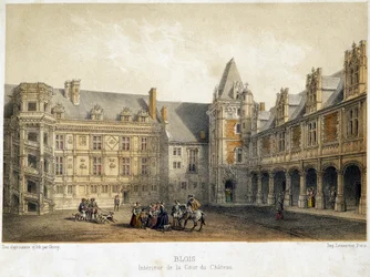 The interior of the courtyard of the castle of Blois in the period of Francois 1st (16th century)