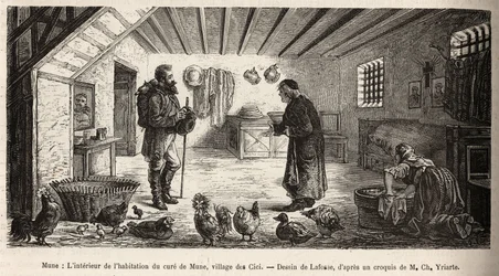 The interior of the house of the cure of Mune, village of Les Cici. Engraving after a drawing by Lafosse illustrating a voyage