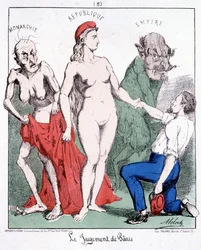 The judgment of Pâris: Monarchy - Republic - Empire (a communard chooses the Republic). Cartoon about the Commune.