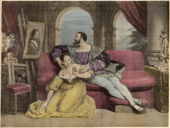The king of France Francois I and the beautiful ironwork. Lithograph of Daveria from 1838 in 