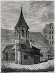 The pillory of the halles in the 18th century, built on the old cemetery of the Innocents - Engraving in The physical, civil and moral history of Paris: from the earliest historical times to the present day by Jacques Antoine Dulaure