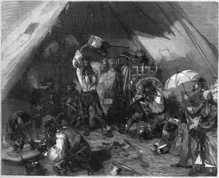 The population of Paris observing the work of Bohemian boilermakers, whose tents are planted in the Batignolles