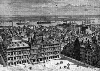 The river Scheldt seen from the port of Antwerp, Belgium. Engraving in 