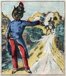 The sick lion and the fox. Fables by Jean de La Fontaine. Epinal imaging from the end of the 19th century