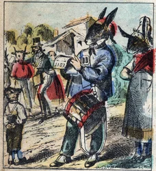 The sick lion and the fox. Fables by Jean de La Fontaine. Epinal imaging from the end of the 19th century