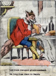 The wolf and the stork. Fables by Jean de La Fontaine. Epinal imaging from the end of the 19th century