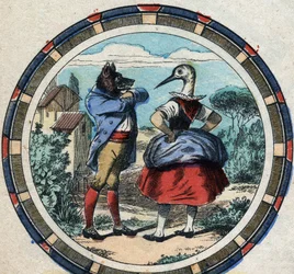 The wolf and the stork. Fables by Jean de La Fontaine (1621-95). Epinal imaging from the end of the 19th century.