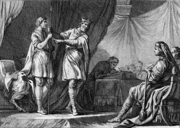 Thibaut I, king of Austrasia, rejecting the offer of the ambassadors of the Byzantine emperor Justinian to abandon the defense of the Ostrogoths and to join with the Empire. Engraving of the 18th century