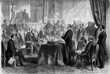 Third Republic: meeting of the Council of State at the Tuileries in the presence of Napoleon III and Baron Eugene Georges Haussmann, prefect of Paris. Engraving in 