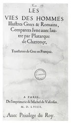 Title page of The Lives of Noble Greeks and Romans, by Plutarch, printed by Michel de Vascosan