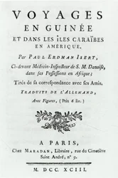 Title page for Voyages en Guinee et dans les Iles Caraibes en Amerique by Paul Erdman Isert, published 1743