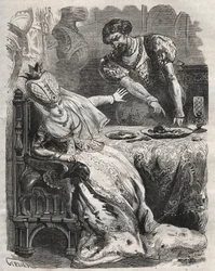 To take revenge for the infidelity of his wife, Gabrielle de Vergy, Eudes de Fayel makes her eat without her knowledge the heart of her lover, Raoul de Coucy. Scene of a 12th century legend