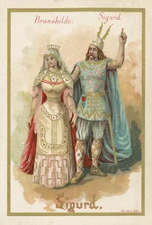 Trade card depicting Brunehilde and Sigurd