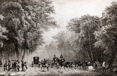 Traffic in Paris, France, in the 19th century, circa 1830