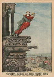 Tragic Suicide of Two Young People from the Tower of the Cathedral in Antwerp, Back Cover Illustration from “Le Petit Journal, supplément illustré”, 11th May 1913