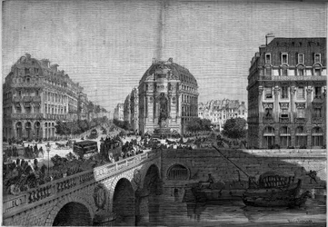 Transformations of Paris under the Second Empire, Haussmann Paris: view of the fountain Saint Michel (1860) on the Boulevard de Sebastopol. Engraving in Le Monde Illustré n°175 of 18 August 1860.