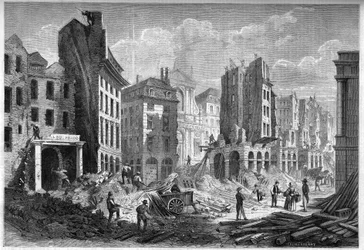 Transformations of Paris under the Second Empire, Paris Haussmann: demolition of Rue de la Barillerie for the piercing of Boulevard Sebastopol. Engraving in 