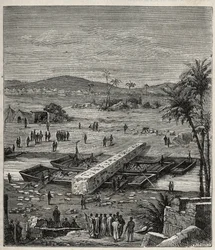 Transport of the obelisk of Ptolemee Philadelph (Ptolemaios Philadelphos) (Ptolemee II) on the Nile to Alexandria - Engraving in Sciences available to all - Popular physics and chemistry by Alexis Clerc - End 19th century - Private collection.