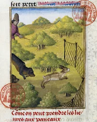 Trap for Hare and Hunting Dogs - in Book of Hunting by Gaston Phoebus, Count of Foix, Lord of Béarn