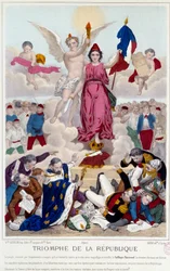 Triumph of the republic, engraving of 1875. Allegory about universal suffrage that destroys the enemies of the republic