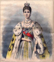 Tsarina Alexandra of Russia in her coronation robes - Tsarina Alexandra Fiodorovna in the costume of the sacred. Illustration for Le Petit Journal, 24 May 1896