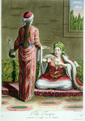 Turkish girl having coffee on the sofa, from the Collection of Prints of Costumes from the Levant, engraved by I. Haussard, 1707-08