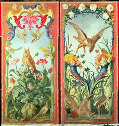 Two panels of carpet made into a folding screen, depicting birds, flowers and fruit, Savonnerie Workshop