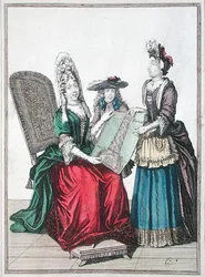 Two Women and a Boy Admiring a Print of the Great Lighthouse of Alexandria