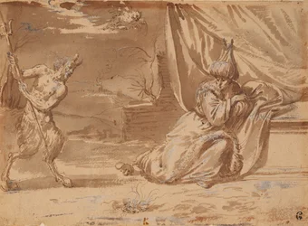 A satyr wielding a trident before an eastern potentate, a mouse at his feet