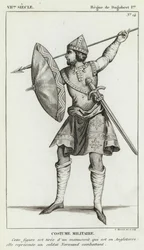 7th Century, Reign of Dagobert I, Military Costume (engraving)