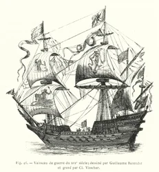 Warship of the 16th century; drawn by Guillaume Barendsz and engraved by Cl Visscher