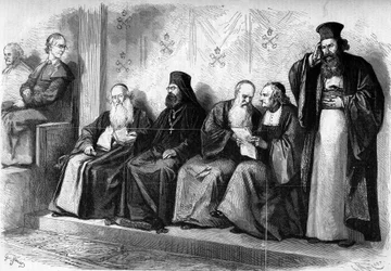 Vatican Council 1 (1869-1870): patriarchs and archimandrites during the presynodal audience in the Sistine Chapel of Rome. December 1869. Engraving in “Le Monde Illustré” n°662 of 19 December 1869