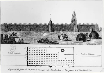 View and plan of the great mosque in Timbuktu, from Journal d
