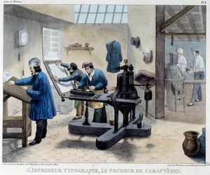 View of a printing workshop: the typographer and the character maker. Lithograph of Bineteau