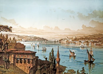 View of Shipping on the Bosphorus and the Castle of Rumeli Hisari with Istanbul in the Distance