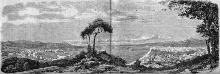 View of the city of Nice in 1860. Engraving in The Illustrous World n°157 of 14 April 1860