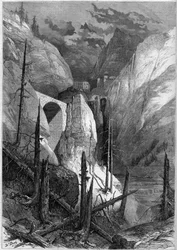 View of the defile and the fort of Finstermunz (1471). Tyrol, Switzerland
