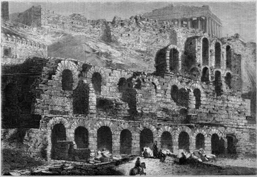 View of the ruins of the Odeon of Herode Atticus (built in 161 AD) in Athens, Greece