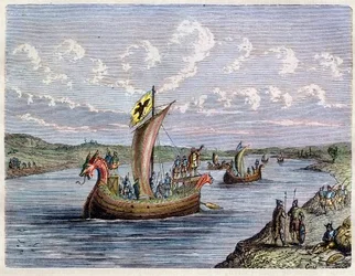 Viking Boat - Drakkar - Norman ships up a river - engraving in L