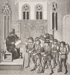 Villains receiving their Lords Orders before going to Work, after a miniature in a 15th century manuscript, from Le Moyen Age et La Renaissance by Paul Lacroix (1806-84) published 1847