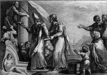 Visit of Saint Germain the Auxerrois to England, around 430: Saint Germain (around 378-448), Auxerre bishop, who came to fight pelagianism, considered a heresy. Engraving of the 18th century