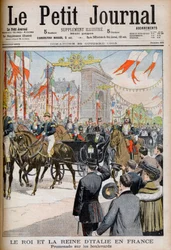 Visit of the King and Queen of Italy to France. The King and Queen of Italy in France. Promenade on the boulevards with Le President of the French Republic Emile Loubet - Illustration for Le Petit Journal, 25 October 1903 - Victor Emmanuel III