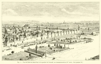View of the Hotel de Saint-Paul and the Arsenal district, at the beginning of the 15th century