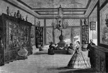 View of the Chinese Museum of Empress Eugenie de Montijo, installed in 1863 at the Chateau de Fontainebleau. Engraving in "Le Monde Illustré" n°325 of July 4, 1863