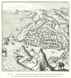 View and plan of Marseille and its port in the 16th century; after a copper engraving from the Theatre of Cities of the World, by G Bruin; Brussels