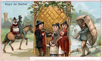 Wales, a promotional card for the drink Chicorée à la Bergère with depictions of Welsh life, c.1890
