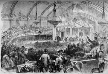 War of 1870 - legislative election during the armistice - February 1871: election meeting at the Cabaret des Folies Bergères in Paris for the proclamation of candidates for the National Assembly. Engraving in “Le Monde Illustré”, no. 722 of 11 February 187