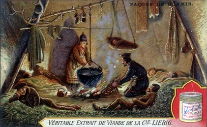 Ways to Sleep: Lap Layer on Reindeer Skins and Foam. Chromolithography Packaging Liebig