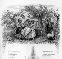 We were three girls. Three girls playing with a shepherd and making him uncomfortable. Engraving in Chants et chansons populaire de la France, Tome 2