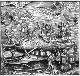 Whale fishing on the French coast of the Atlantic Ocean in the Middle Ages. Engraving in 